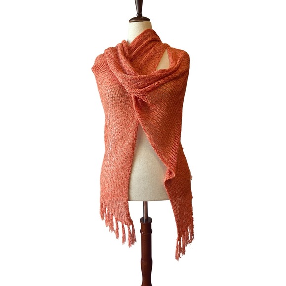 Coldwater Creek Ruana Shawl Orange Fringe Scarf Rayon Cotton Blend - Picture 3 of 4